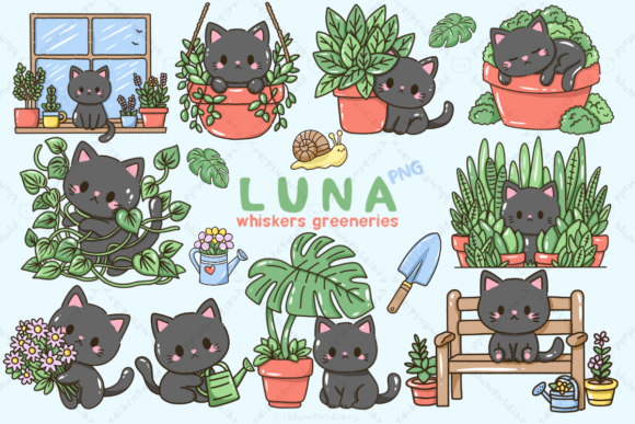 Download Kawaii Black Cat &amp; House Plants - Premium Resources
