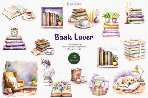 Download Watercolor Book Lover Elements, Bookworm - Premium Bundle